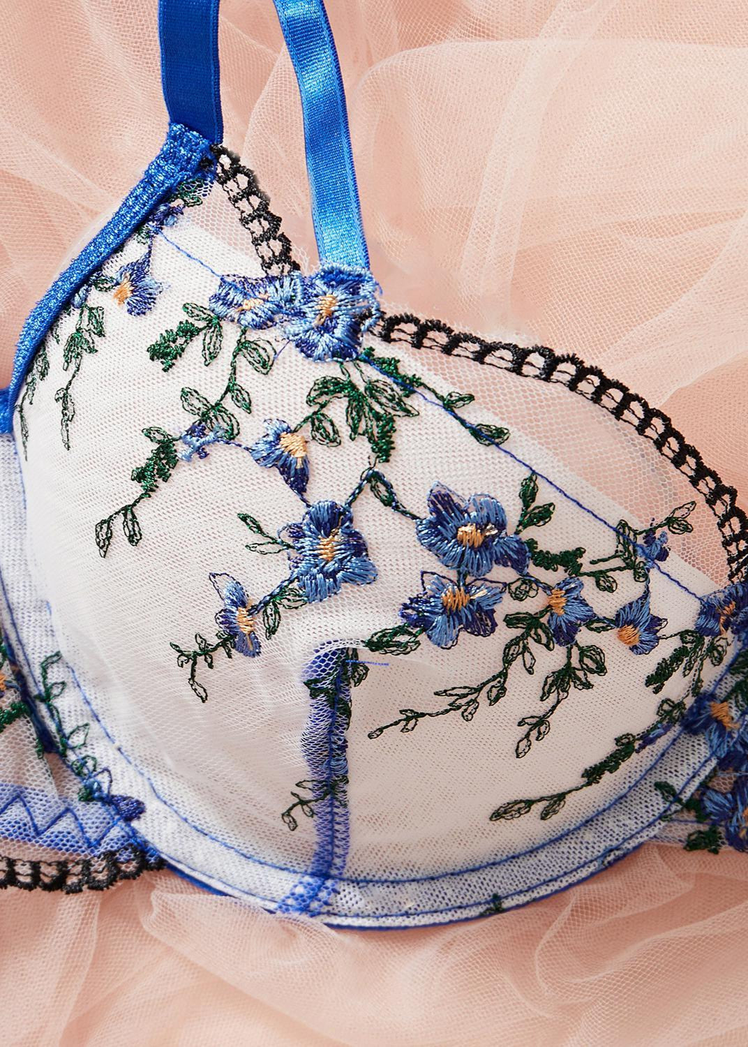 Flora Lace Embroidery Lingerie Set - Blue Bloom Sheer Bra & Thong