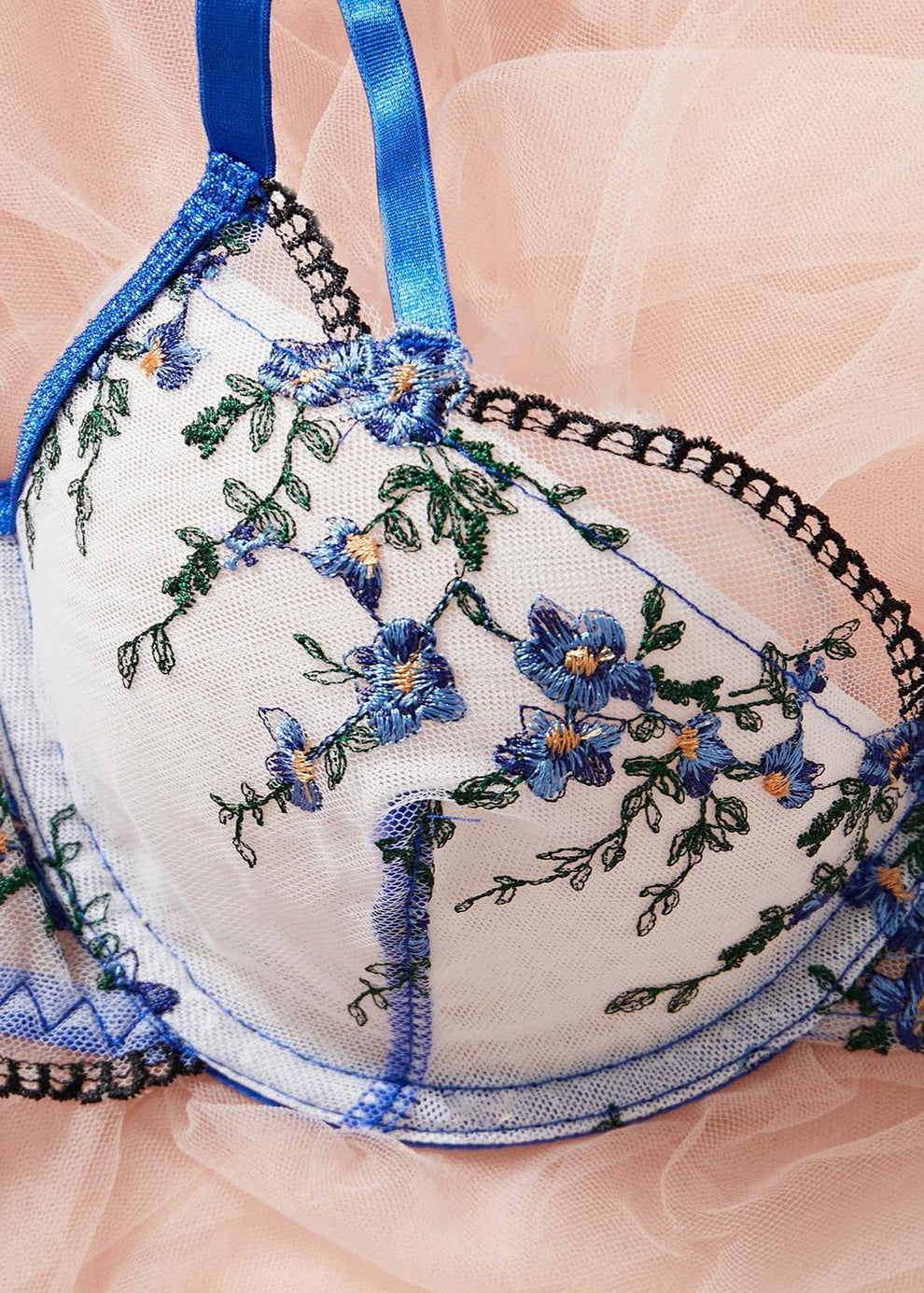 Set di lingerie Flora con ricamo in pizzo - Reggiseno trasparente Blue Bloom e perizoma