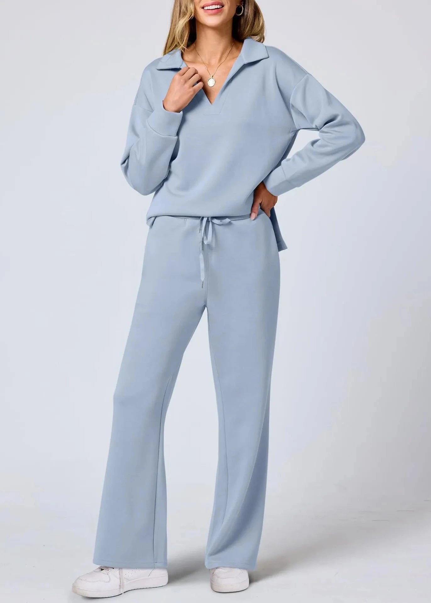 Ontspannen Kraag Pullover & Wijde Pantalon Set