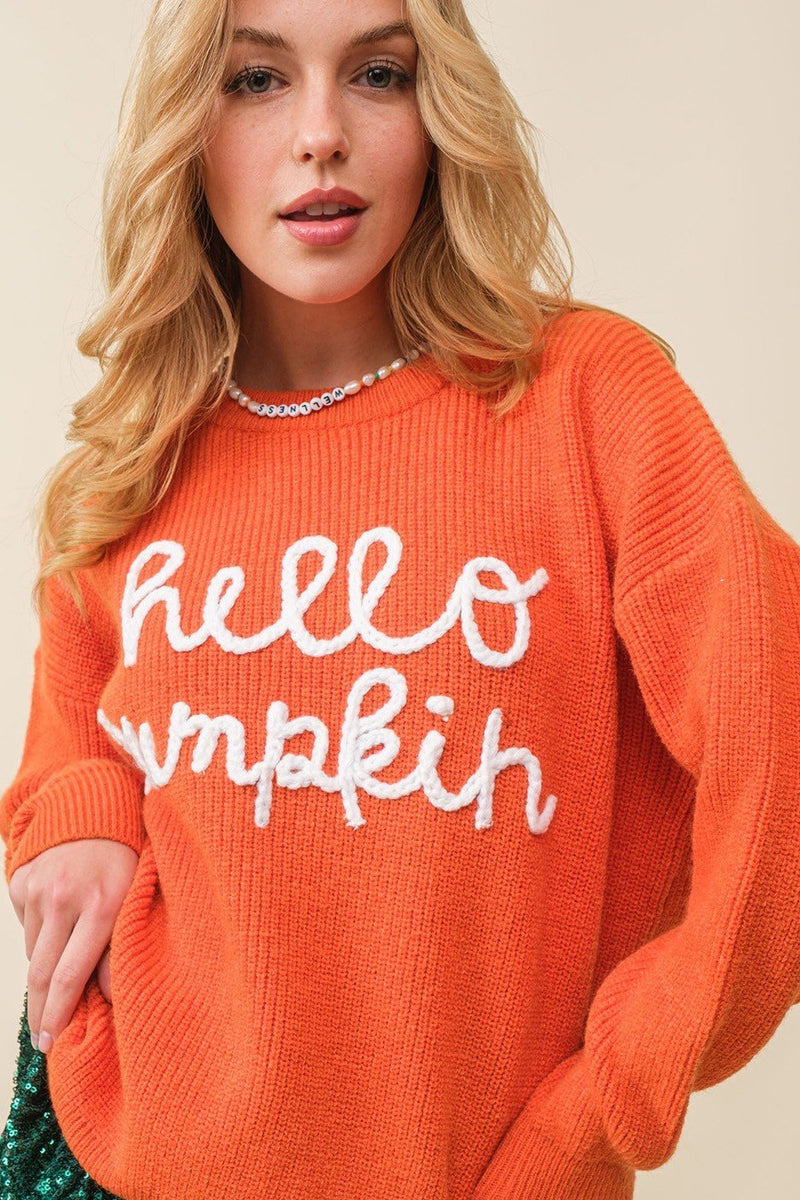 "Hello Pumpkin" Halloween Contrast Pullover Sweater