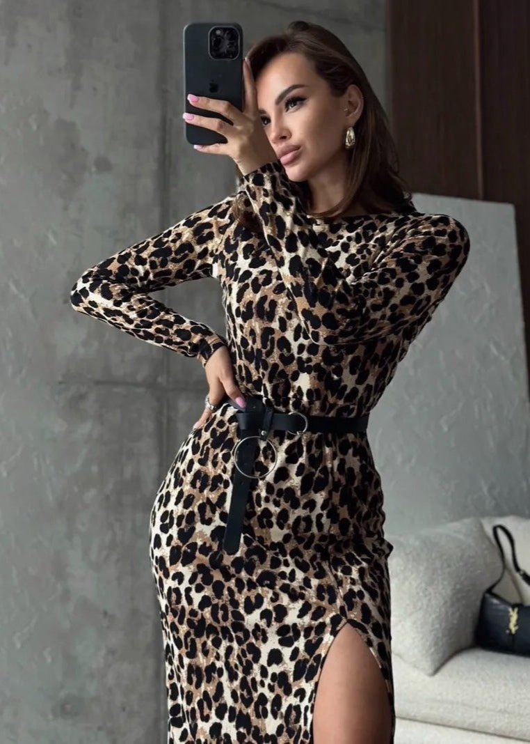 Leopard Print Bodycon Dress with Belted Waist