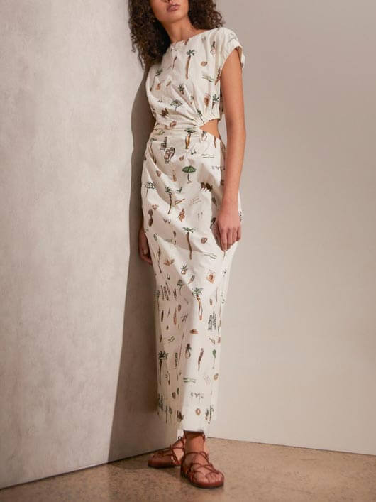 Marigold - Printed Cutout Crew Neck Maxi Dress - VibeSoothe