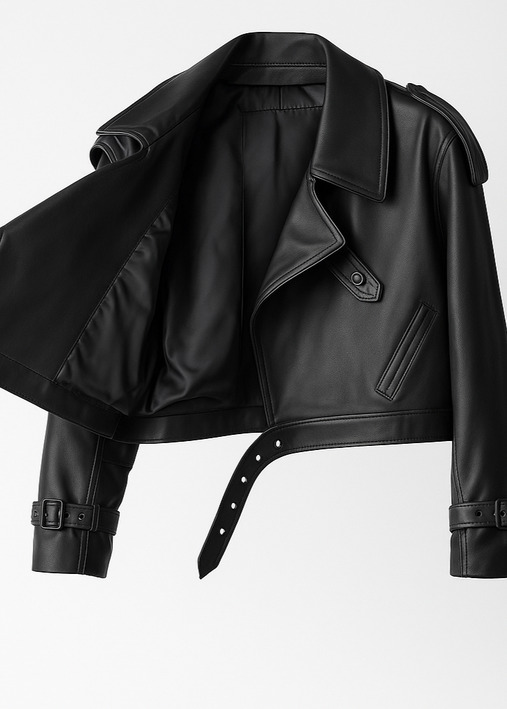 Cropped Faux Leather Biker Jacket - Belted Moto Style