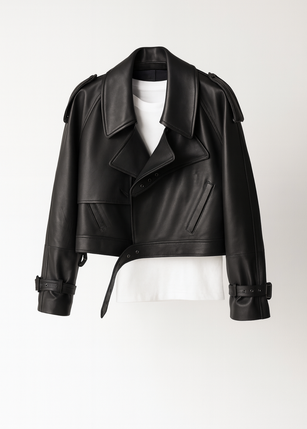 Cropped Faux Leather Biker Jacket - Belted Moto Style