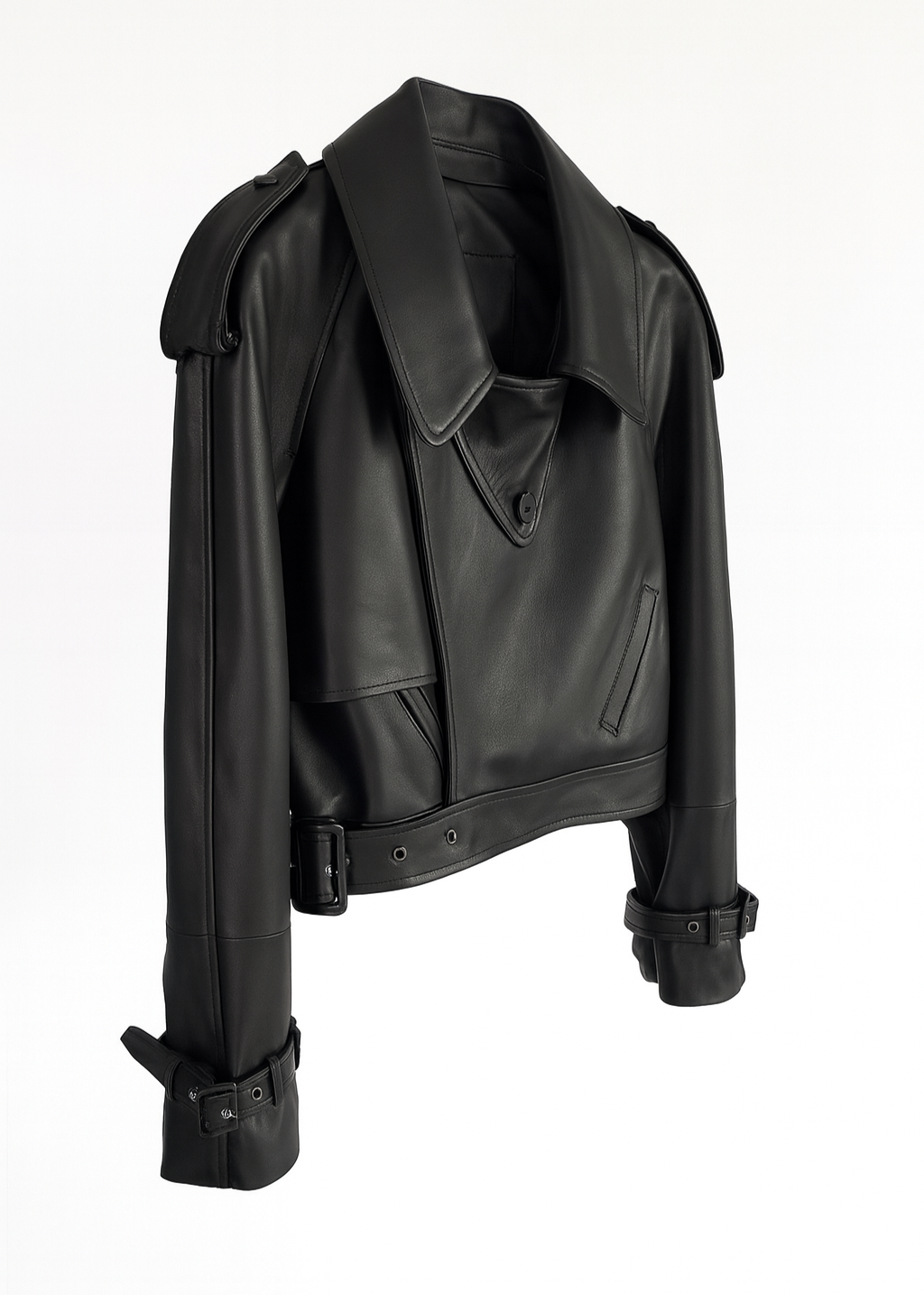 Cropped Faux Leather Biker Jacket - Belted Moto Style
