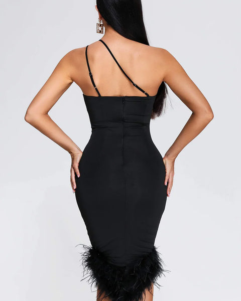 Verona Noir - Feather Trim One-Shoulder Dress