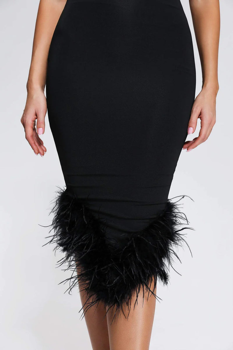 Verona Noir - Feather Trim One-Shoulder Dress