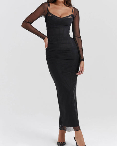 Noir Elegance - Backless Bodycon Maxi Dress