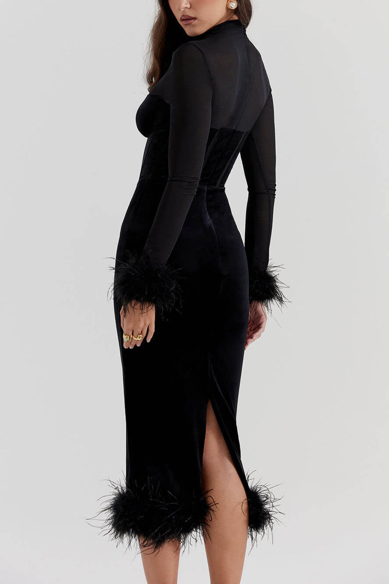 Elegance in Velvet - Black Velvet Midi Dress - VibeSoothe