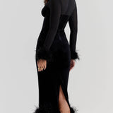 Elegance in Velvet - Black Velvet Midi Dress - VibeSoothe