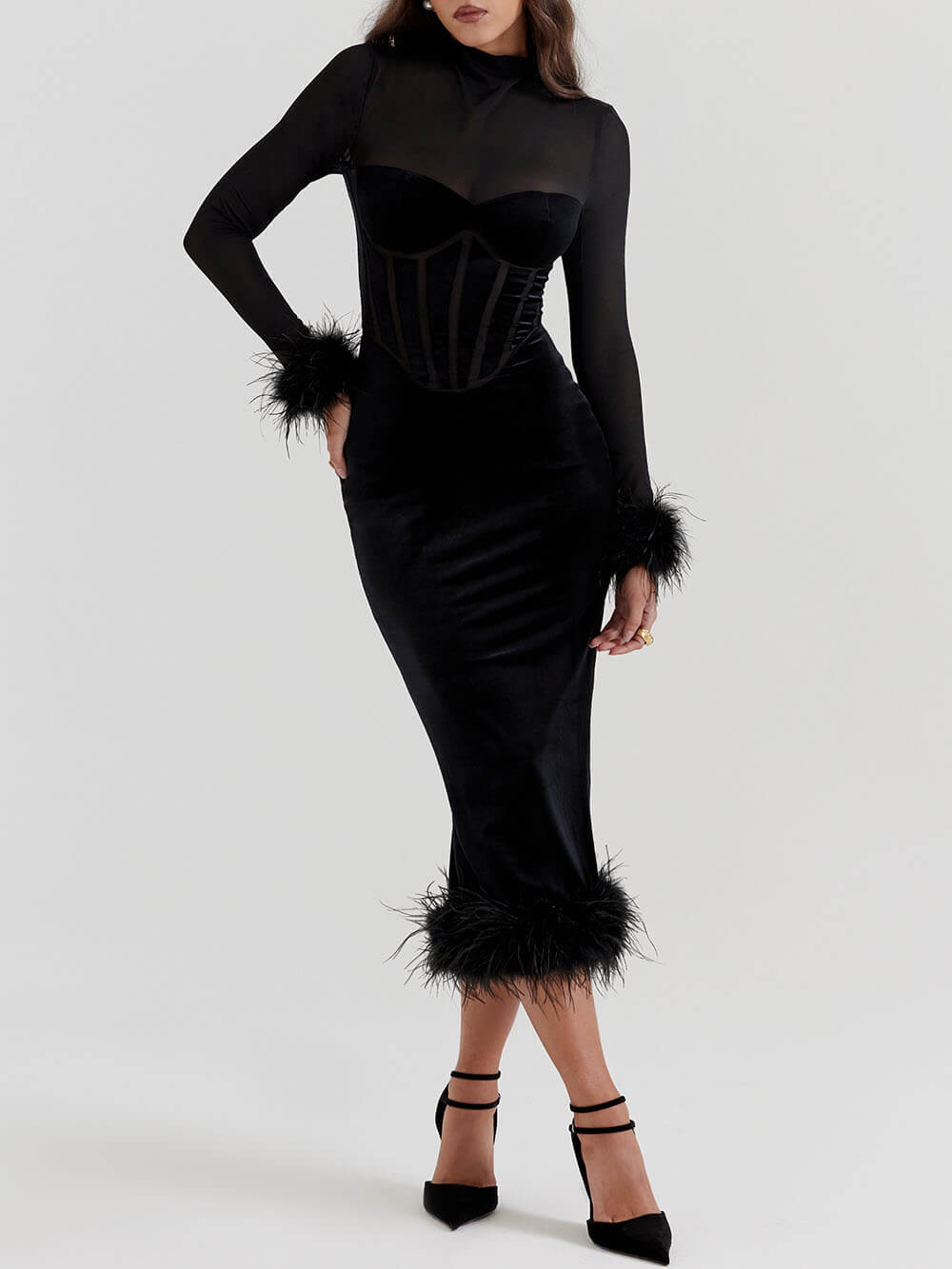 Elegance in Velvet - Black Velvet Midi Dress - VibeSoothe