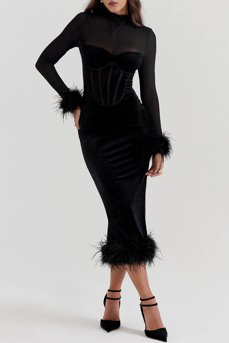 Elegance in Velvet - Black Velvet Midi Dress - VibeSoothe