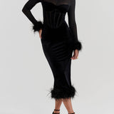 Elegance in Velvet - Black Velvet Midi Dress - VibeSoothe