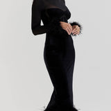 Elegance in Velvet - Black Velvet Midi Dress - VibeSoothe