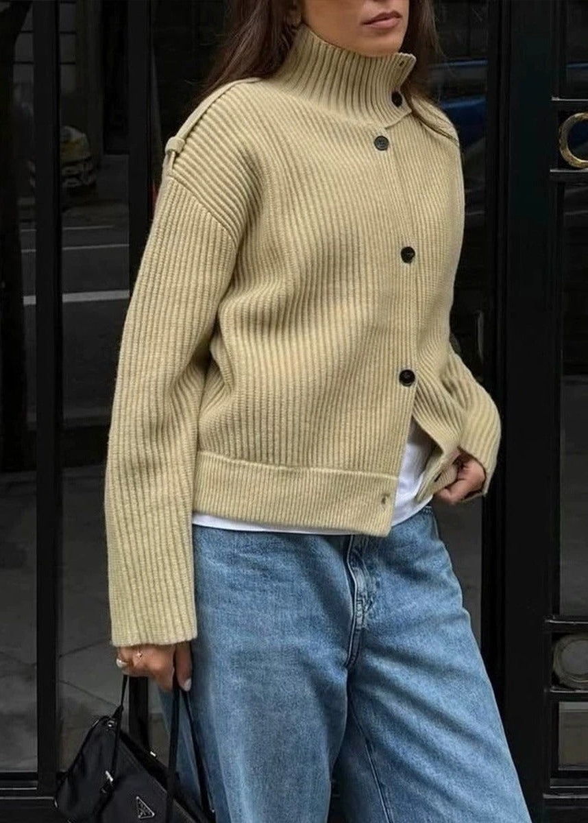 Ribbed Knit Stand Collar Cardigan with Button Front