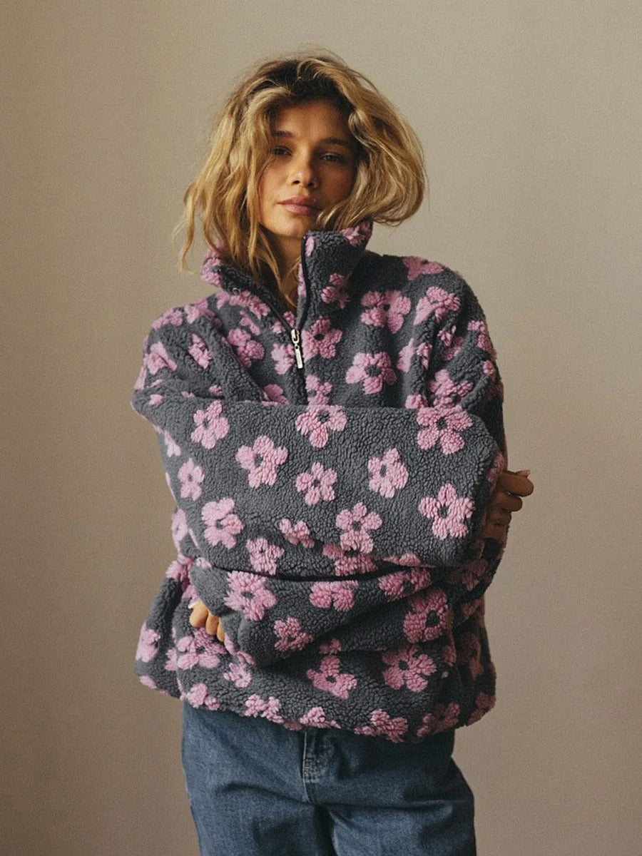 Floral Sherpa Half-Zip Pullover Jacket – Cozy Oversized Fleece Top