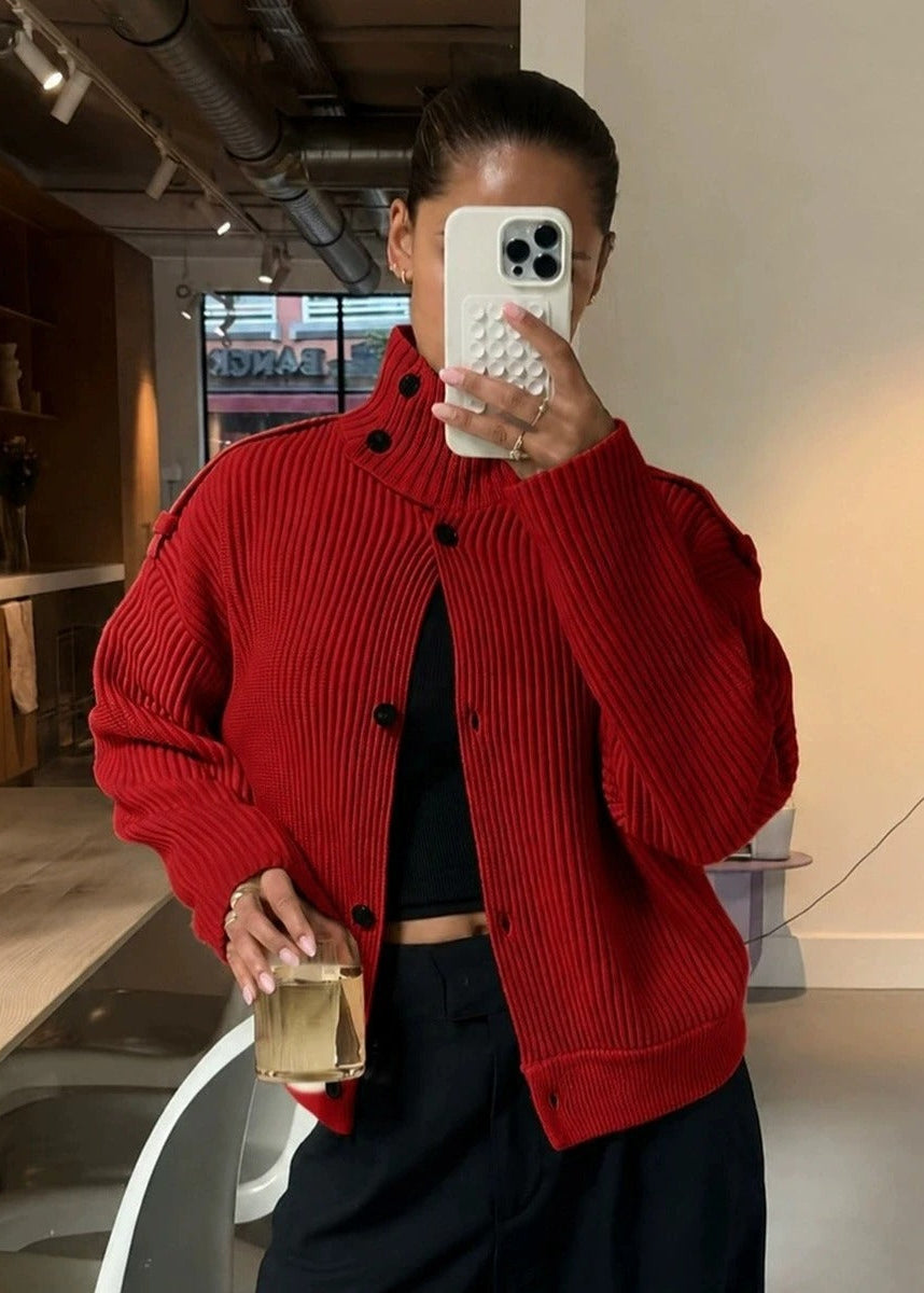 Ribbed Knit Stand Collar Cardigan with Button Front