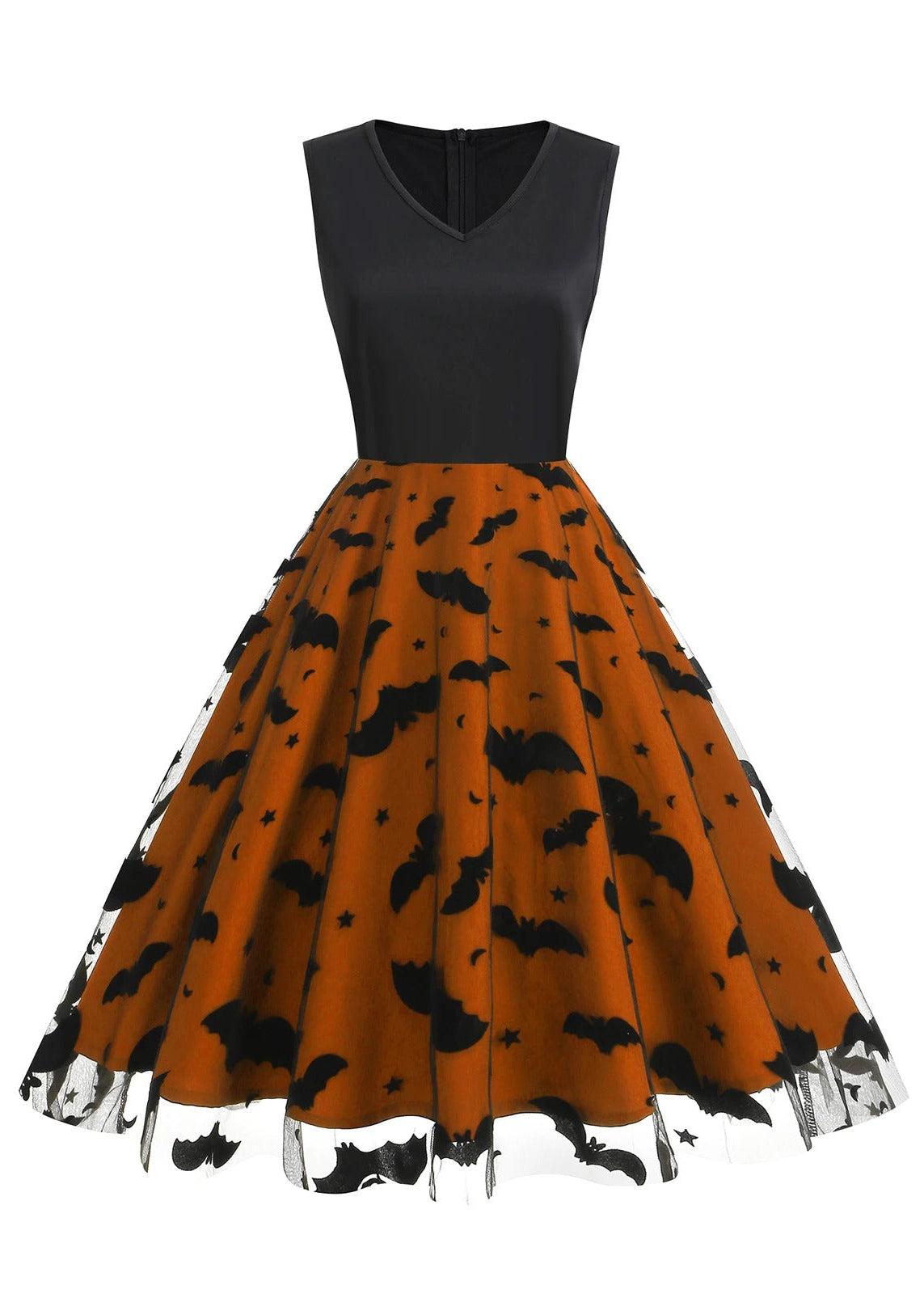 Black & Red Bat Print Halloween Midi Dress with Sheer Overlay
