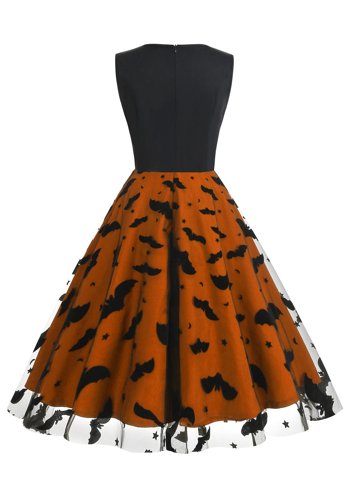 Black & Red Bat Print Halloween Midi Dress with Sheer Overlay