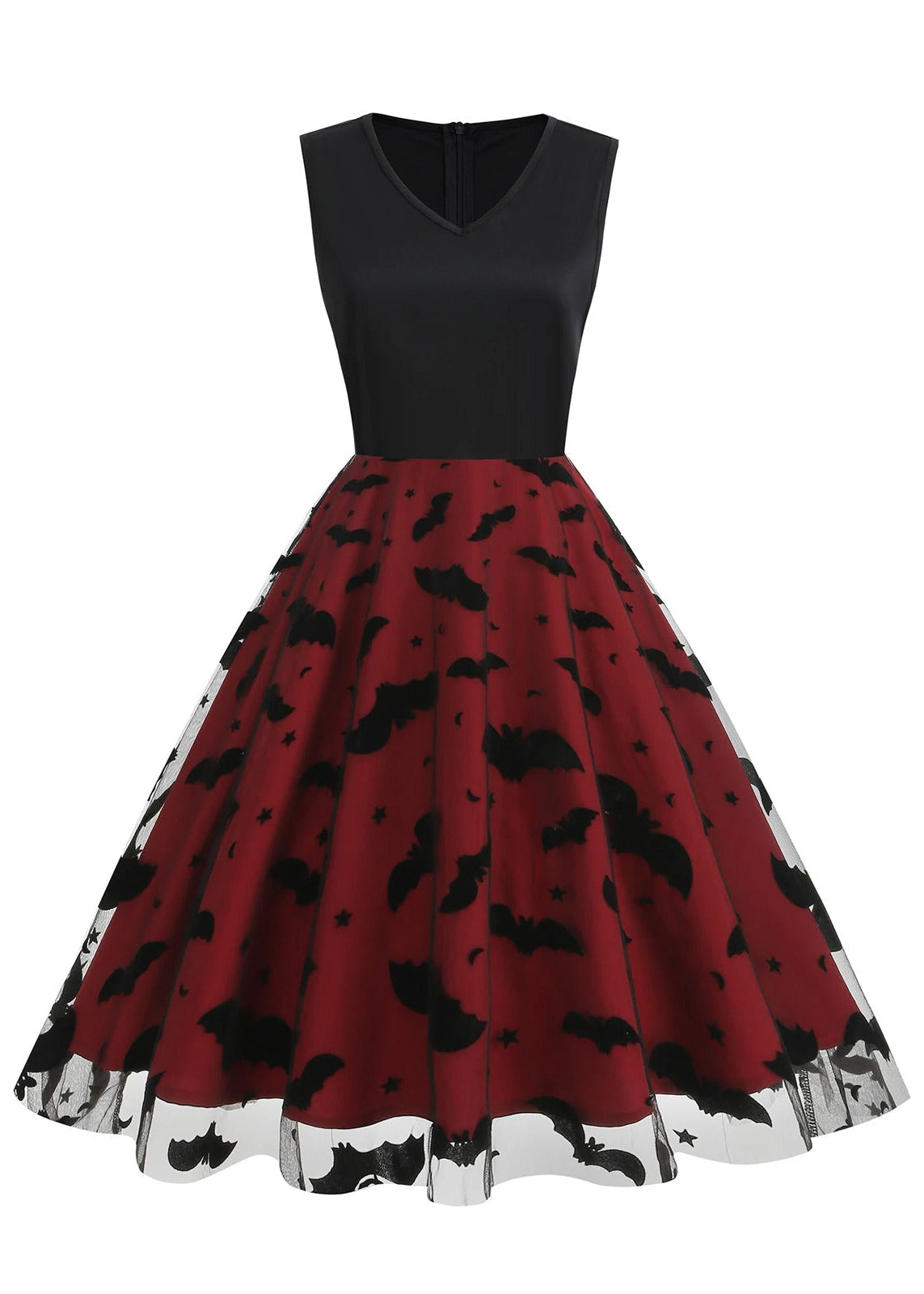 Black & Red Bat Print Halloween Midi Dress with Sheer Overlay