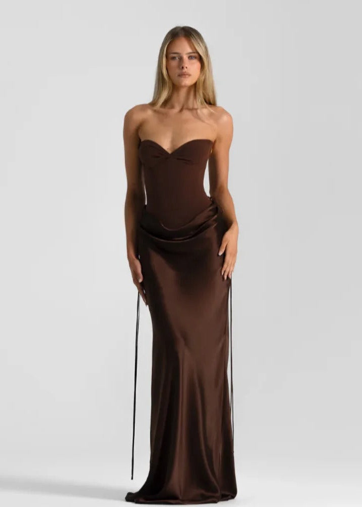 Serena Halter Neck Corset Maxi Dress – Brown Satin Evening Gown
