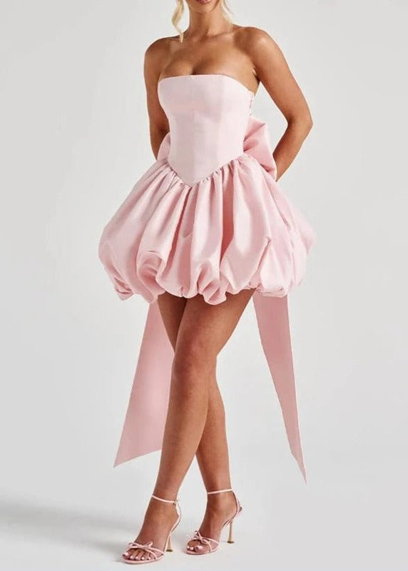 Blush Bow Corset Mini Dress – Strapless Bubble Hem Party Dress