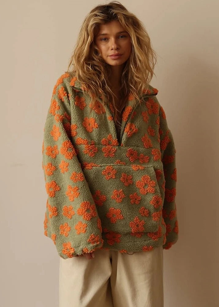 Floral Sherpa Half-Zip Pullover Jacket – Cozy Oversized Fleece Top
