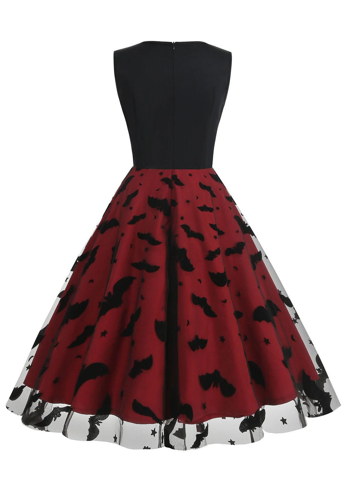 Black & Red Bat Print Halloween Midi Dress with Sheer Overlay
