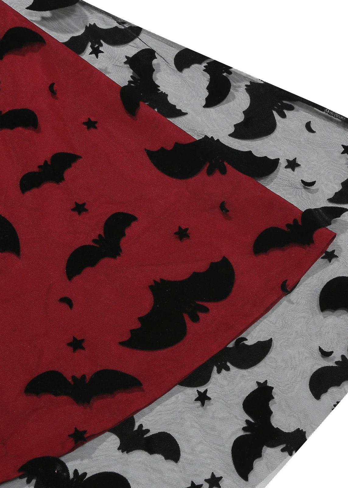 Black & Red Bat Print Halloween Midi Dress with Sheer Overlay