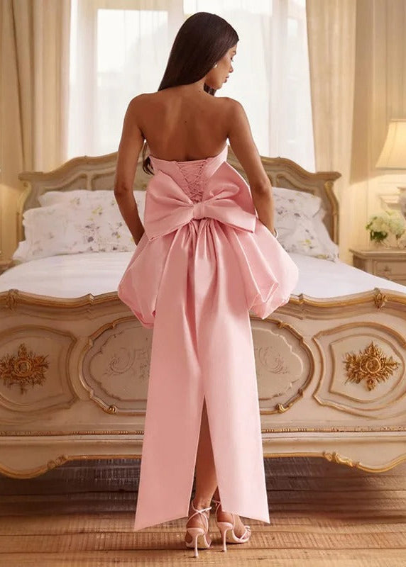 Blush Bow Corset Mini Dress – Strapless Bubble Hem Party Dress