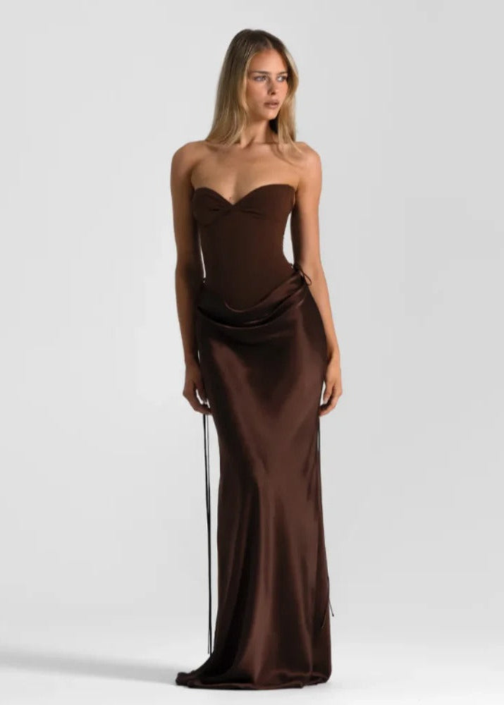Serena Halter Neck Corset Maxi Dress – Brown Satin Evening Gown
