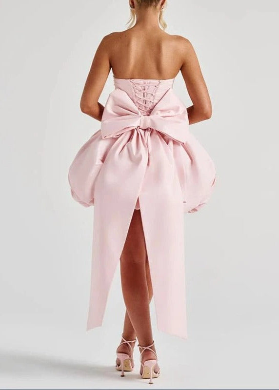 Blush Bow Corset Mini Dress – Strapless Bubble Hem Party Dress