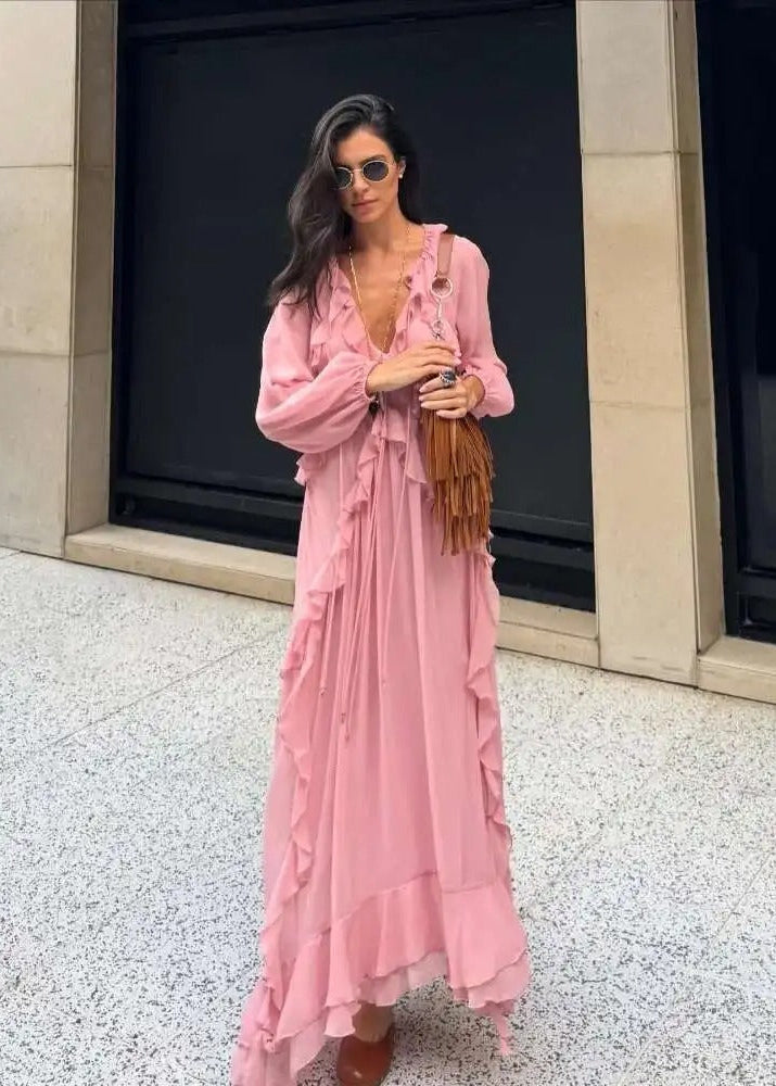 Pink Ruffle Chiffon Maxi Dress for Women – V-Neck Long Sleeve Flowy Evening Dress