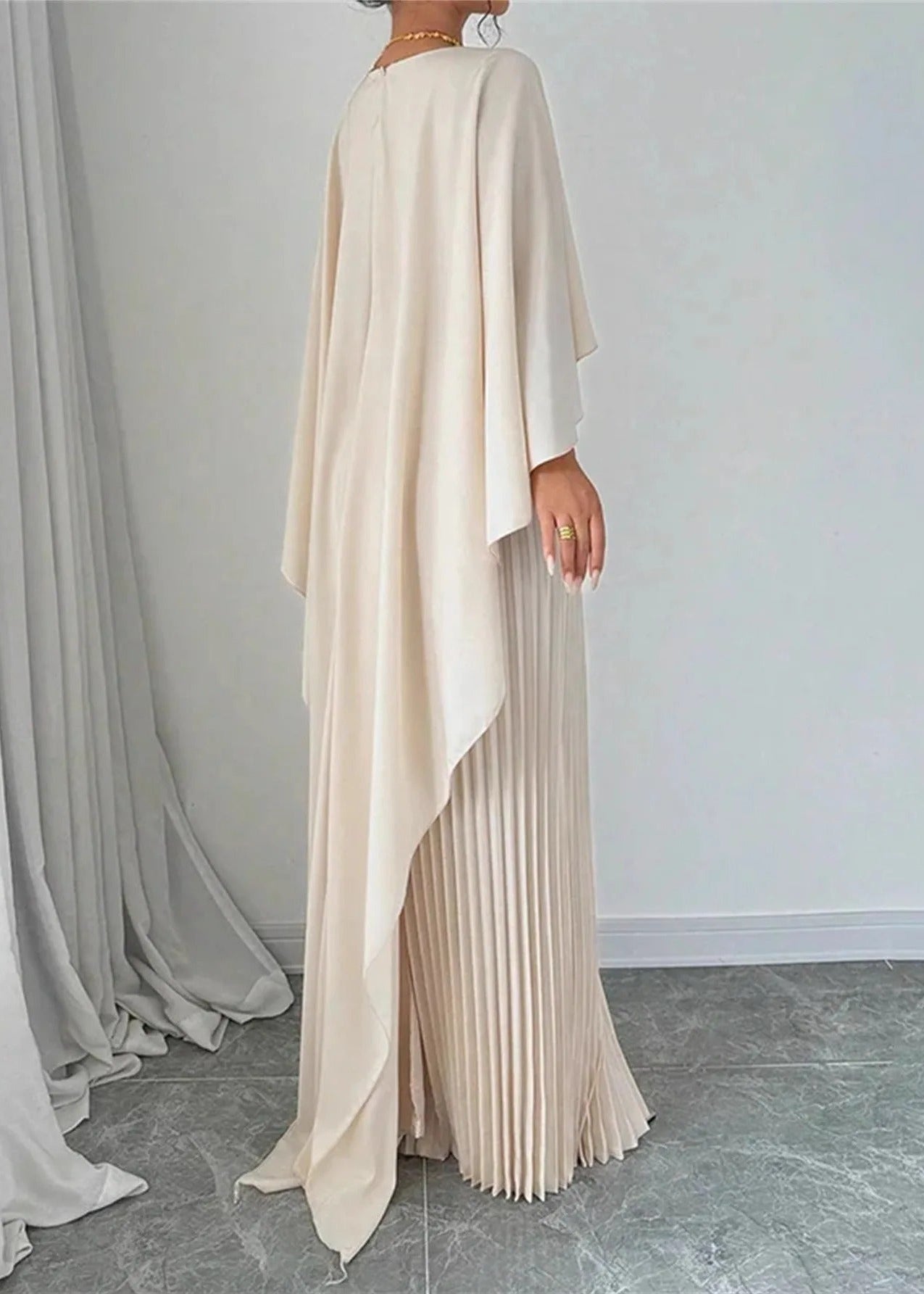 Aurelia Pleated Cape Maxi Dress – Elegant Flowing Evening Gown with Draped Overlay