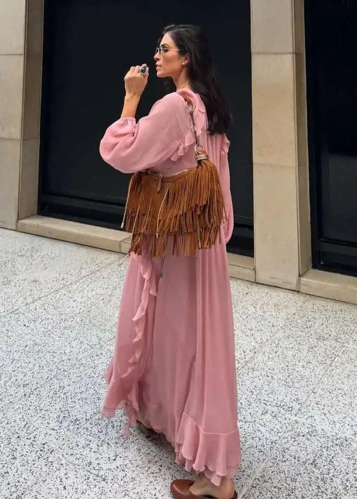 Pink Ruffle Chiffon Maxi Dress for Women – V-Neck Long Sleeve Flowy Evening Dress