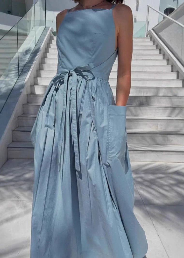 Skyline Tie-Waist Midi Dress – Sleeveless Pocket Summer Dress