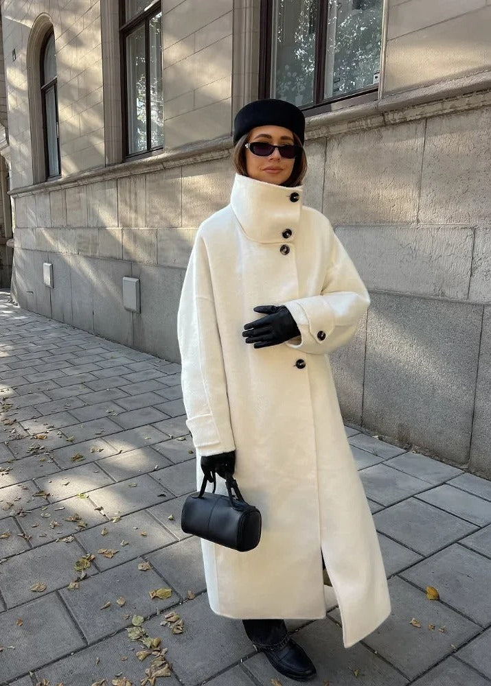Women’s White Long Wool-Blend Coat with High Collar