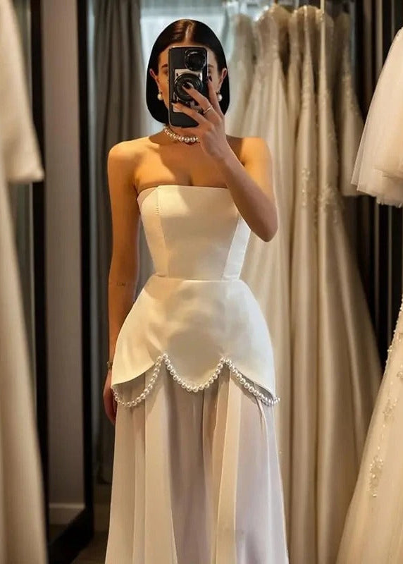 Aurelia Pearl Drape Maxi Dress – Strapless Corset Evening Gown with Scarf Detail