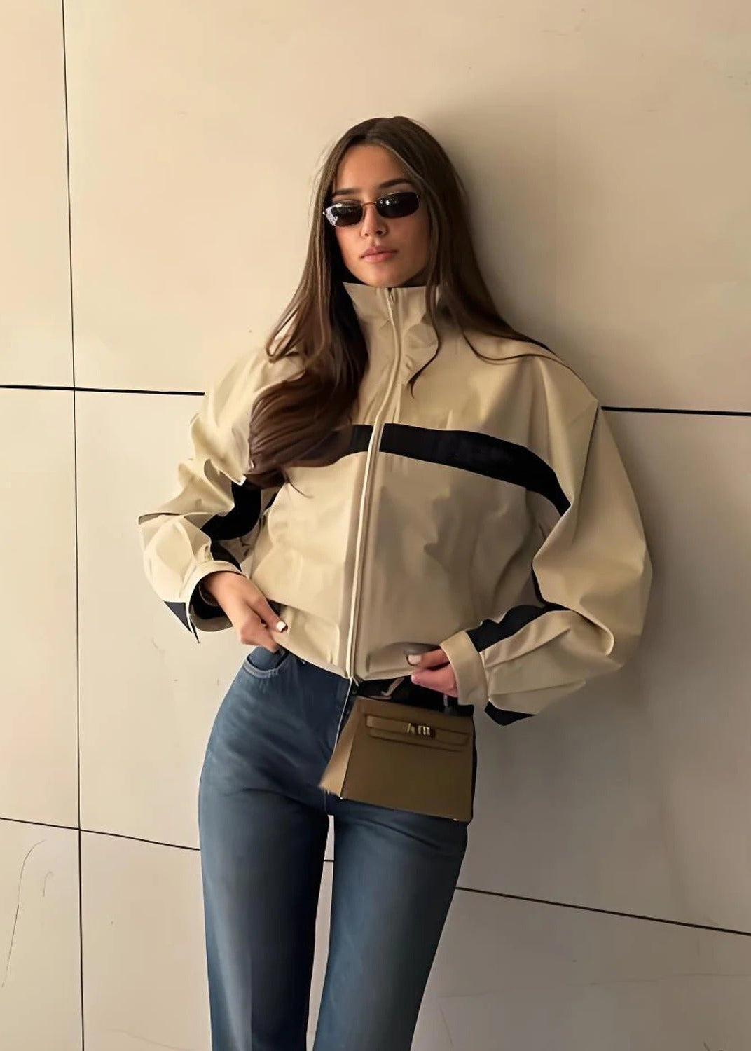 Sloane Premium Beige Contrast Stripe Oversized Windbreaker