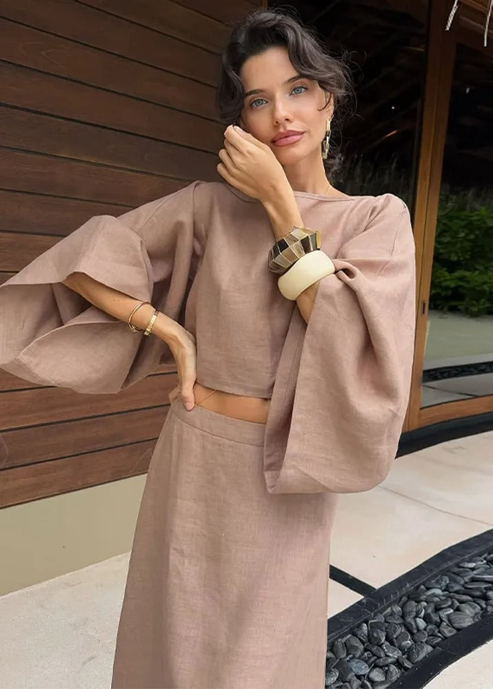 Luna Linen Two-Piece Set – Crop Top and Maxi Skirt Outfit