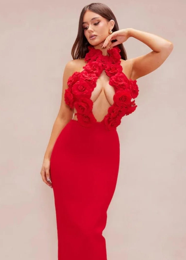 Scarlet Flora Halter Maxi Dress – Open Back Evening Gown