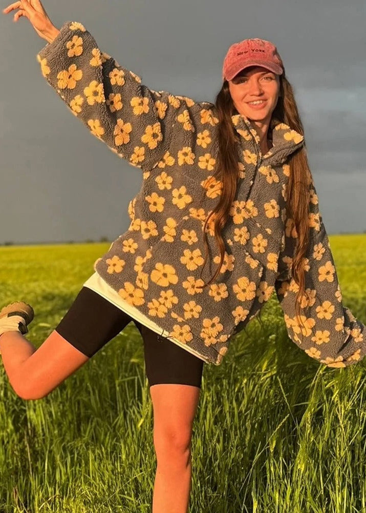 Floral Sherpa Half-Zip Pullover Jacket – Cozy Oversized Fleece Top