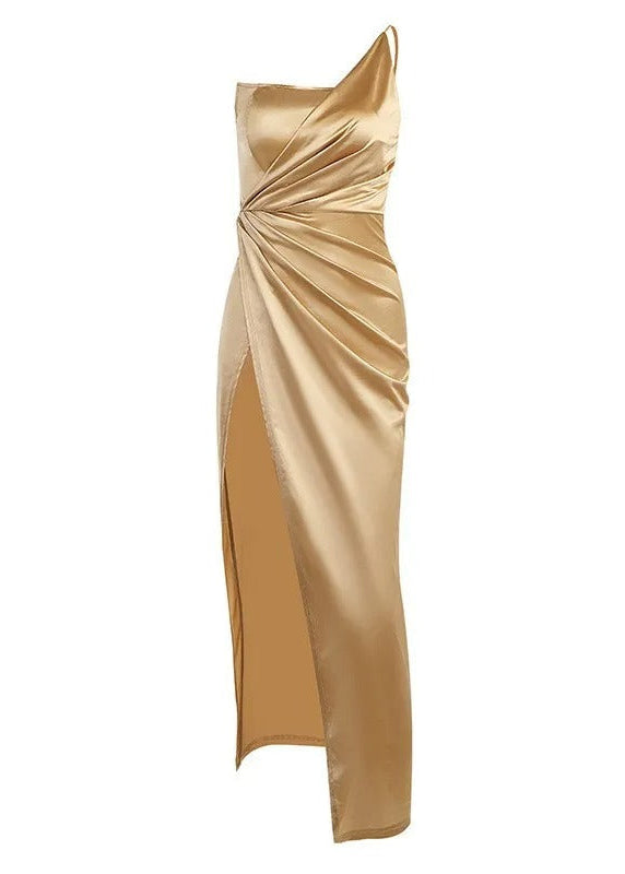 Solara One-Shoulder Satin Gown – Gold Side-Slit Evening Dress