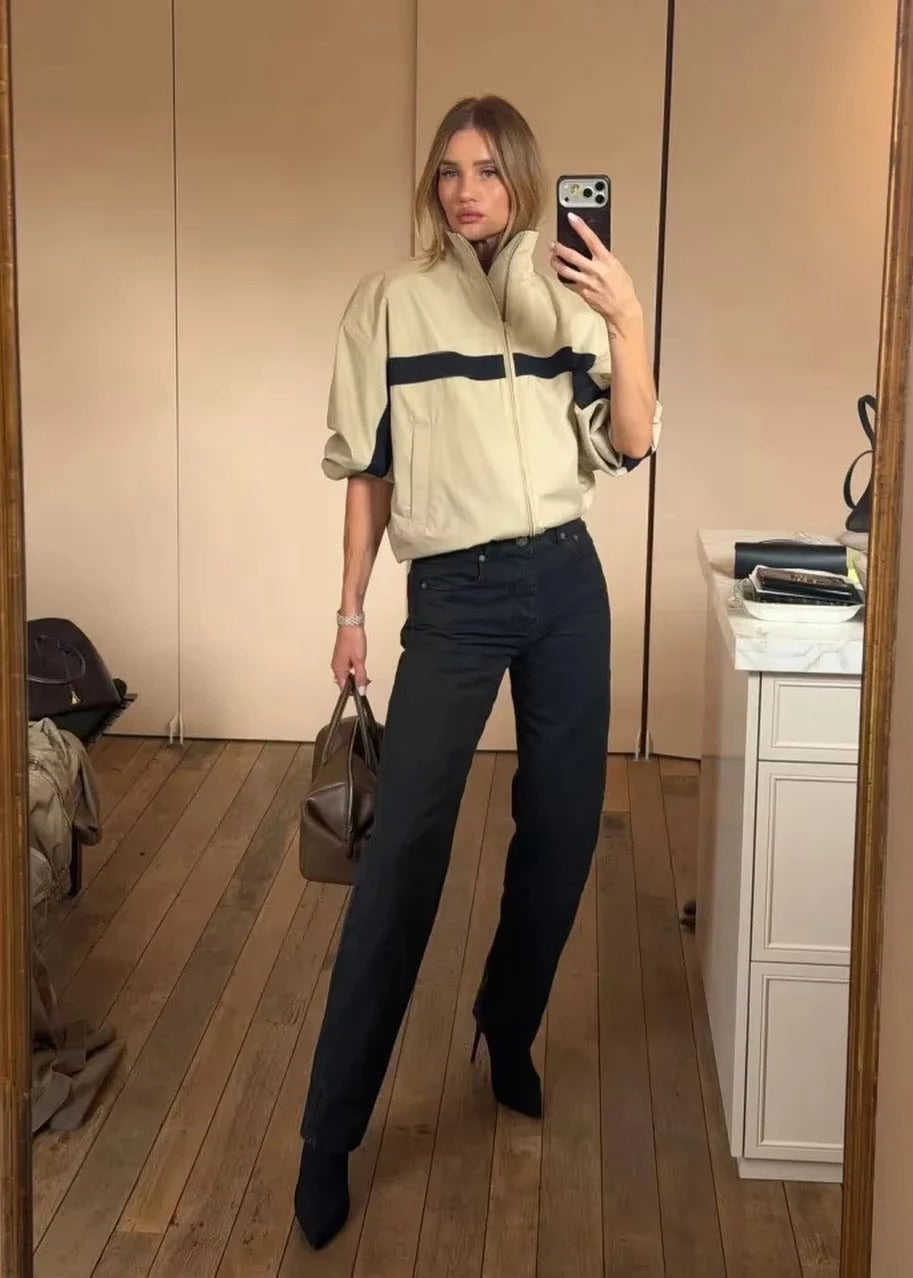 Sloane Premium Beige Contrast Stripe Oversized Windbreaker