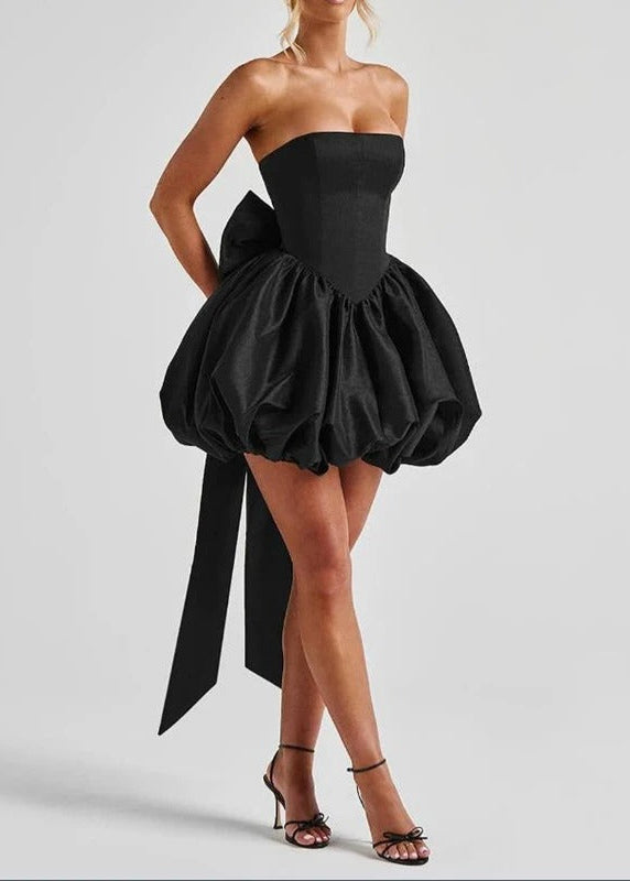 Blush Bow Corset Mini Dress – Strapless Bubble Hem Party Dress