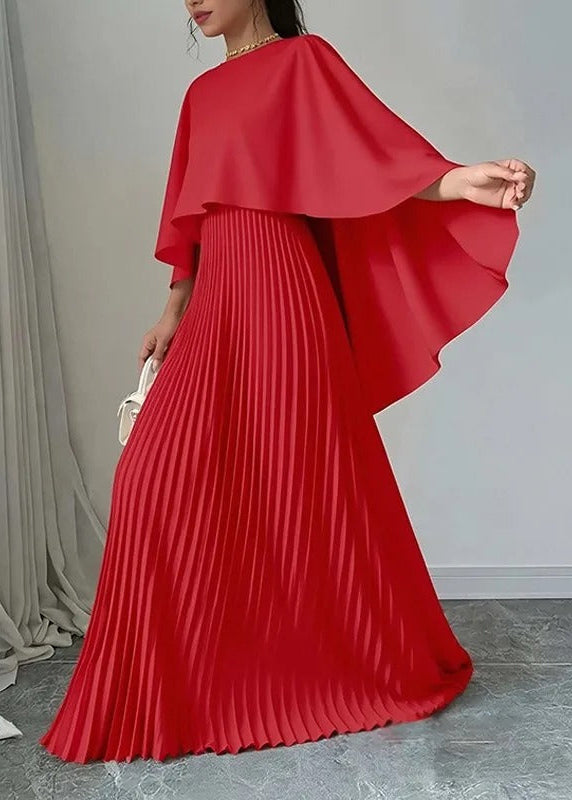 Aurelia Pleated Cape Maxi Dress – Elegant Flowing Evening Gown with Draped Overlay