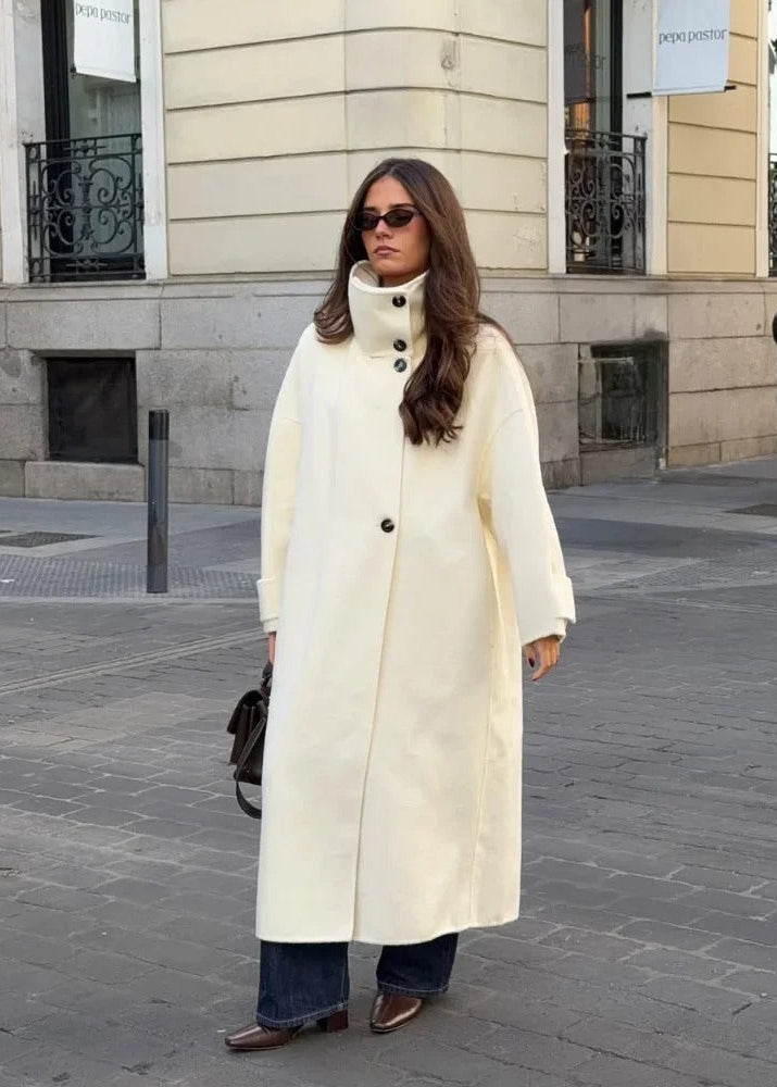 Women’s White Long Wool-Blend Coat with High Collar