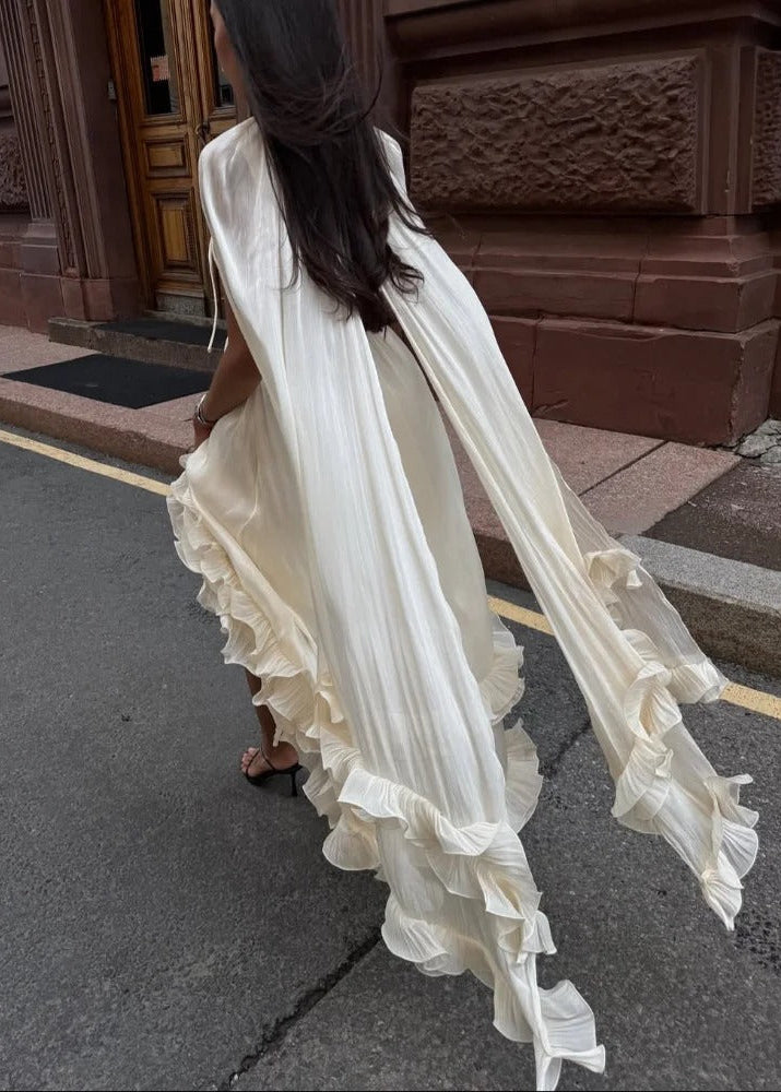 Celestine Ruffle Cape Maxi Dress – Sheer Layered Flowy Elegant Evening Dress