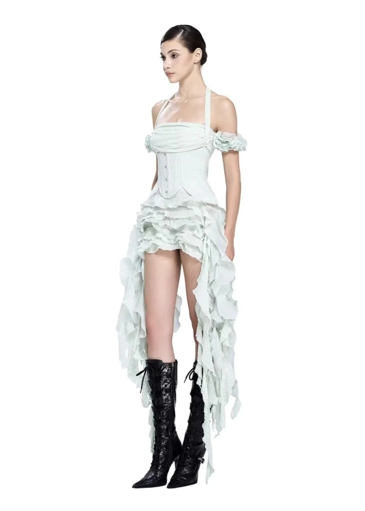 Rosalie Ruffle Corset High-Low Maxi Dress