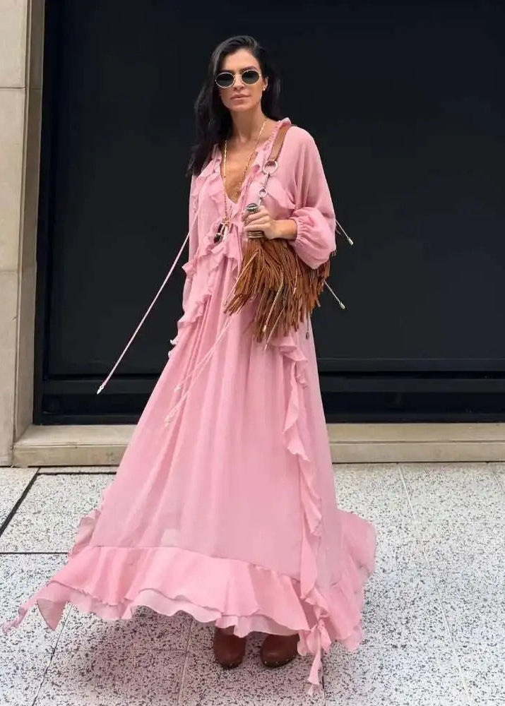 Pink Ruffle Chiffon Maxi Dress for Women – V-Neck Long Sleeve Flowy Evening Dress